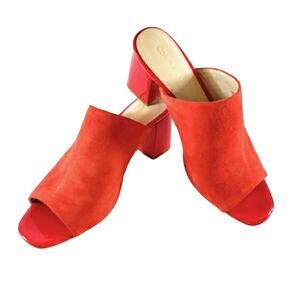 Calvin Klein Clementine Suede Patent Slip On Peep Toe Mules Heels Size 9.5